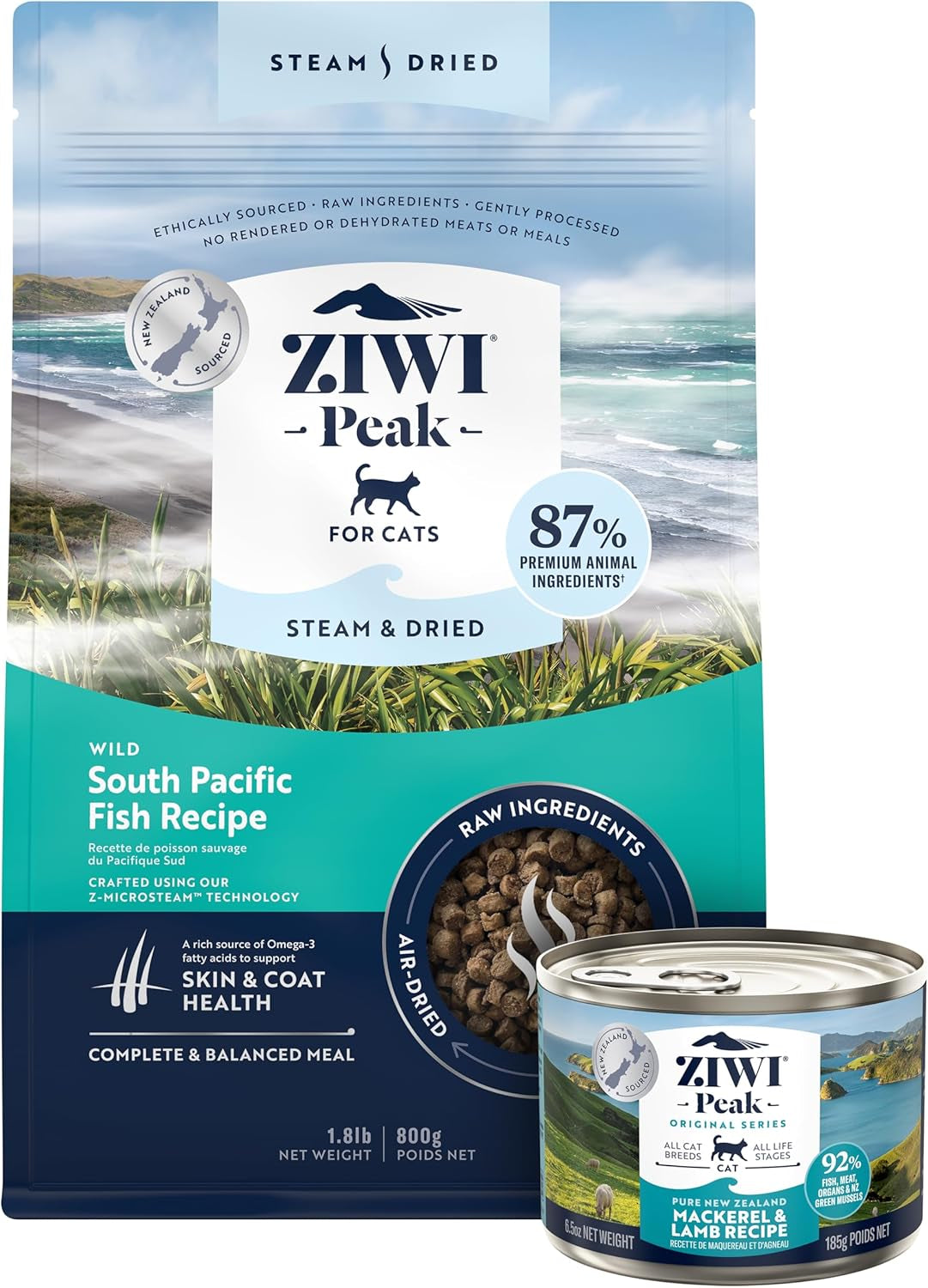 Peak Fish Cat Food Bundle- Steam & Dried Wild South Pacific Fish (28.8Oz) + Canned Mackerel & Lamb (Case of 12, 6.5Oz Cans)