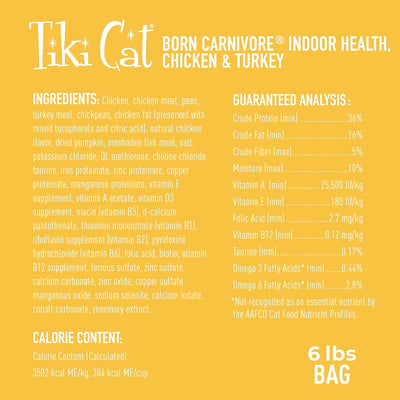 Tiki Cat Born Carnivore Indoor Health, Chicken & Turkey Meal, Grain-Free Baked Kibble to Maximize Nutrients, Dry Cat Food, 6 Lbs. Bag