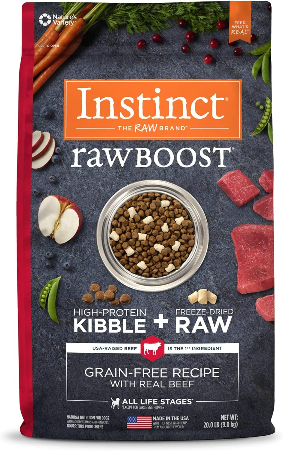 Raw Boost, Natural Dry Dog Food with Freeze Dried Pieces, High Protein, Grain Free Recipe - Real Beef, 20 Lb. Bag