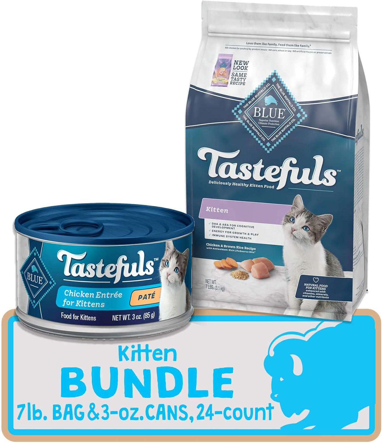 Tastefuls Natural Kitten Food Bundle, Dry Cat Food and Wet Cat Food, Chicken (7-Lb Dry Food + 3Oz Cans 24 Ct)