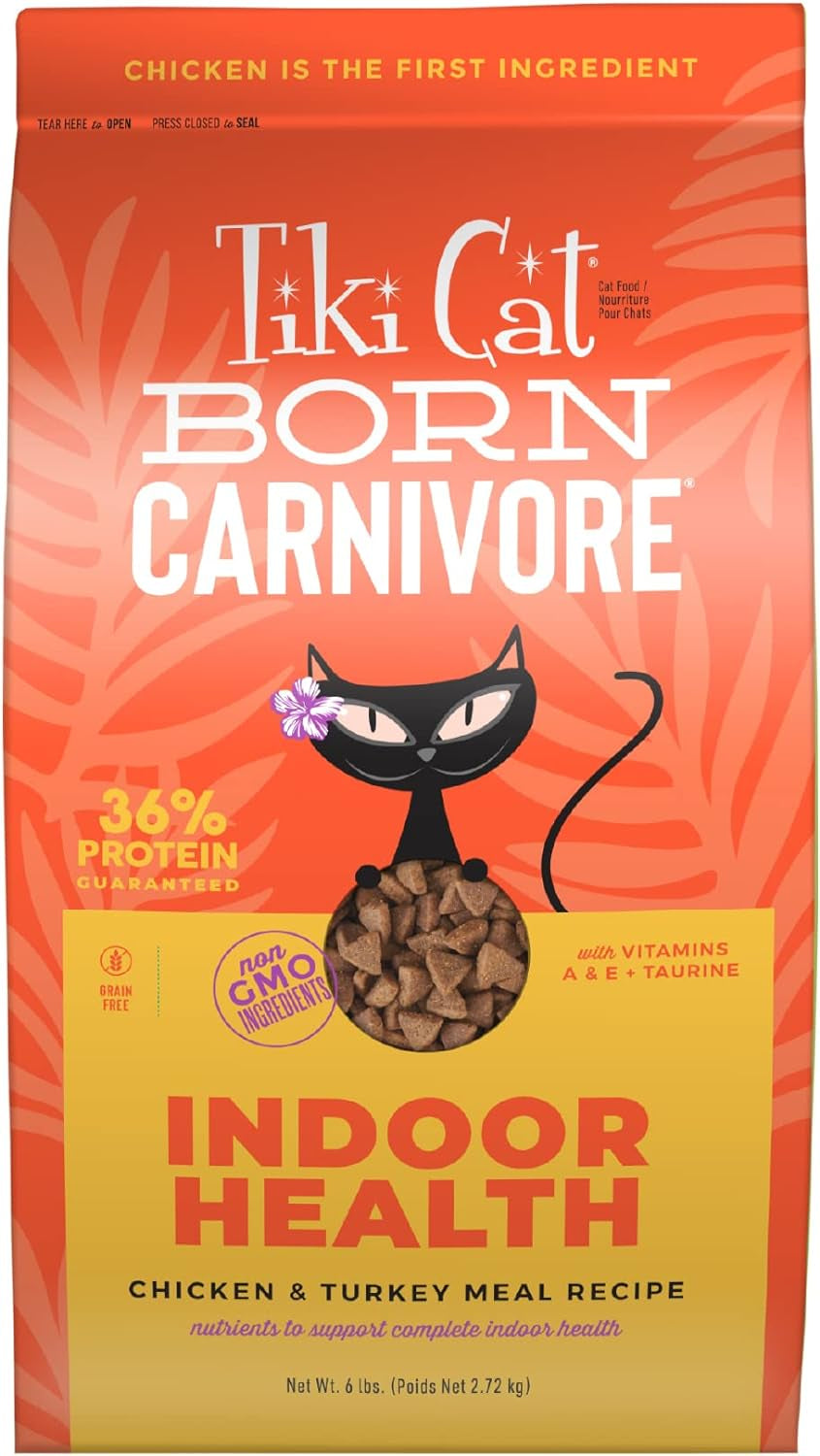 Tiki Cat Born Carnivore Indoor Health, Chicken & Turkey Meal, Grain-Free Baked Kibble to Maximize Nutrients, Dry Cat Food, 6 Lbs. Bag