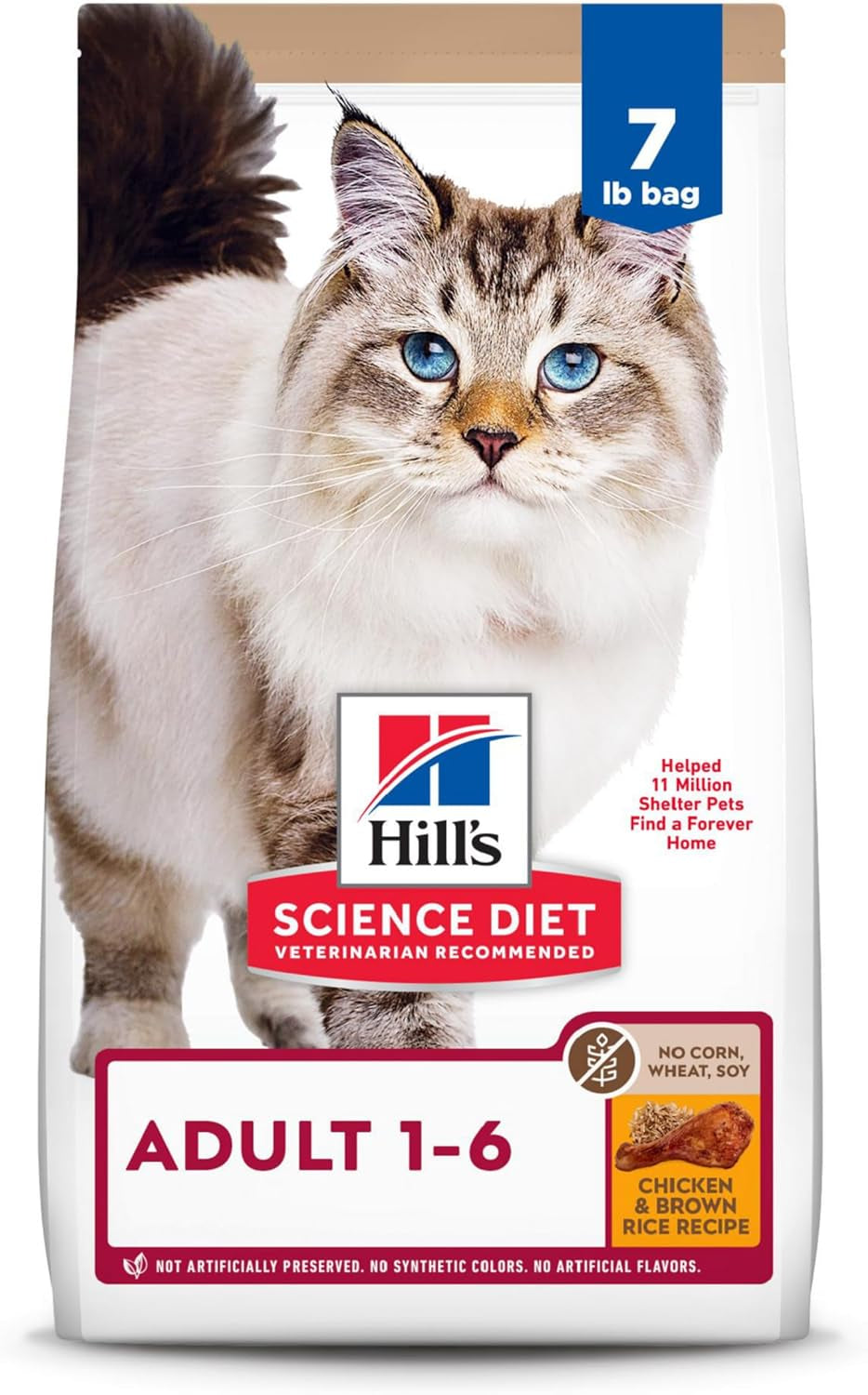 Science Diet Adult 1-6, Adult 1-6 Premium Nutrition, Dry Cat Food, No Corn, Wheat, Soy Chicken & Brown Rice Recipe, 7 Lb Bag